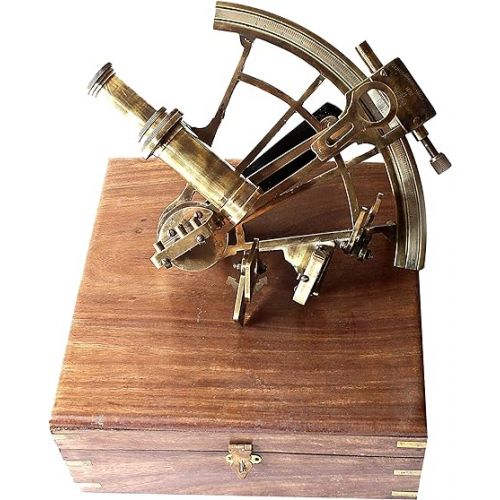  Antique German Working Model Brass Sextant Marine Sea Collectible Nautical Telescope Navigational Instrument with Compass and Telescope Home & Office Decor