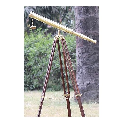  Shiny Brass Vintage Single Barrel Nautical Telescope Wooden Tripod Golden & Brown Finish Home Decor