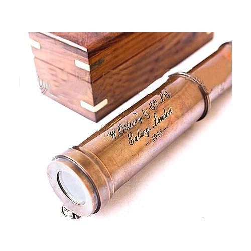  Vintage Copper Finish Telescope with Wooden Box Marine Gift London 1917