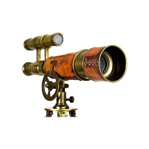  Double Barrel Table Decor Antique Brass Telescope with Tripod Vintage Marine Functional Instrument Collectibles Item Leather Home Decor