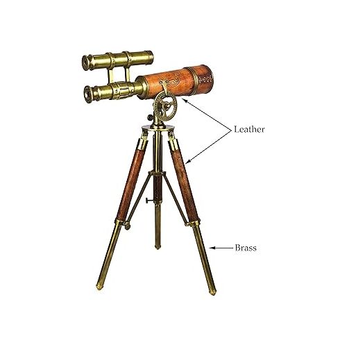  Double Barrel Table Decor Antique Brass Telescope with Tripod Vintage Marine Functional Instrument Collectibles Item Leather Home Decor