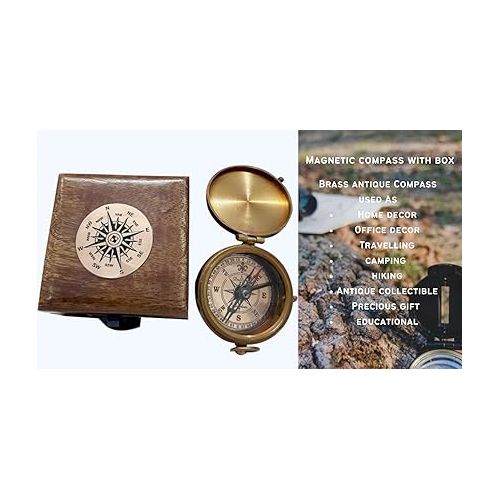  Antique Brass Compass Functional Direction Sailor Article Brown Wood Royal Box Small Portable Compass