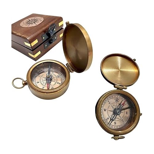  Antique Brass Compass Functional Direction Sailor Article Brown Wood Royal Box Small Portable Compass
