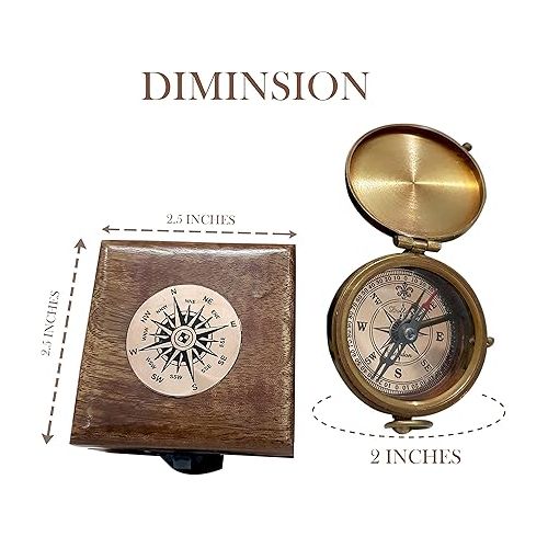  Antique Brass Compass Functional Direction Sailor Article Brown Wood Royal Box Small Portable Compass