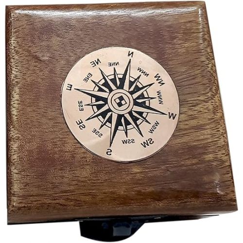  Antique Brass Compass Functional Direction Sailor Article Brown Wood Royal Box Small Portable Compass