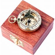 Marine Sundial Compass with Nautical Solid Wooden Box Vintage Brass Ship Navigate Device Nautical Gift Collection
