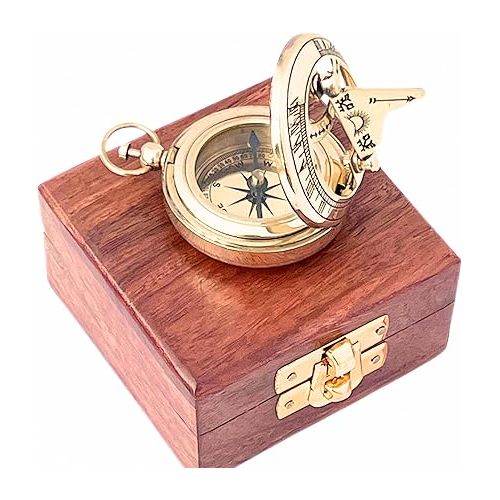  Marine Sundial Compass with Nautical Solid Wooden Box Vintage Brass Ship Navigate Device Nautical Gift Collection