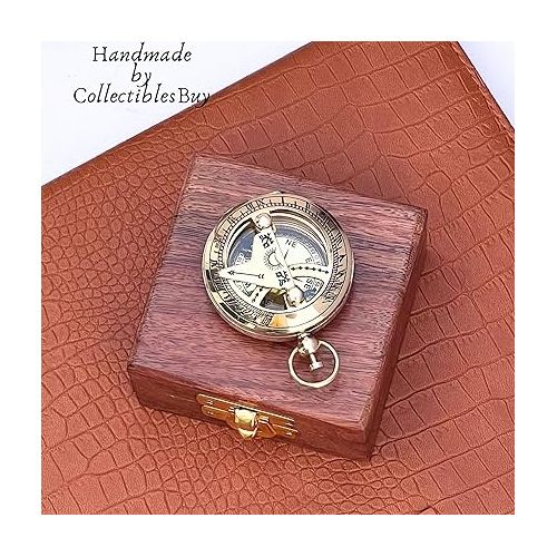  Marine Sundial Compass with Nautical Solid Wooden Box Vintage Brass Ship Navigate Device Nautical Gift Collection