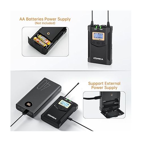  Comica CVM-WM100PLUS - Wireless Microphone System for Cameras, Camcorders, Smartphones, Laptops, Professional UHF Wireless Lavalier Lapel Microphone with Dual-Channel Recording, AA Batteries