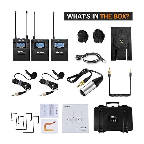  Dual Wireless Lavalier Microphone System,Comica CVM-WM300A UHF 96 Channel Professional Lapel Lav Microphone for DSLR Canon Nikon Sony Camera XLR Camcorder Youtube Interview TV Video Recording(2TX+1RX)