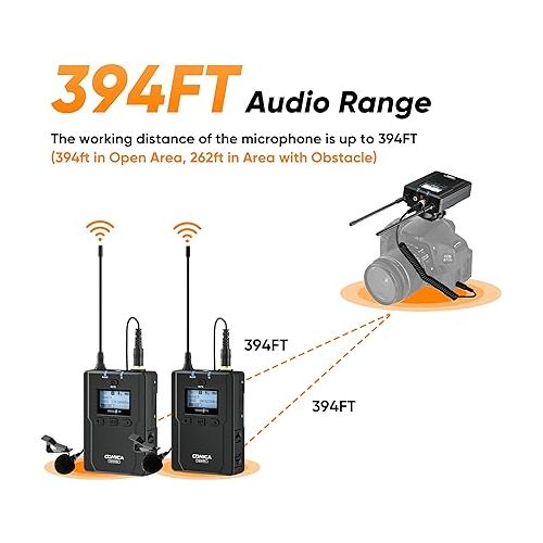  Wireless Lavalier Microphone, Comica CVM-WM200A 96-Channel UHF Wireless Lapel Microphone System for Cameras/XLR Camcorders Interview Youtube Video Recording, Dual Lav Mic with 394FT Transmission