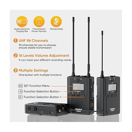  Wireless Lavalier Microphone, Comica CVM-WM200A 96-Channel UHF Wireless Lapel Microphone System for Cameras/XLR Camcorders Interview Youtube Video Recording, Dual Lav Mic with 394FT Transmission