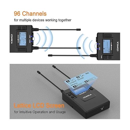  comica CVM-WM300A 96-Channel UHF Wireless Lavalier Microphone System Compatible with Cameras, Camcorders and Smartphones, Perfect for YouTube Podcast Vlog Video Recording and Interview(2TX+1RX)