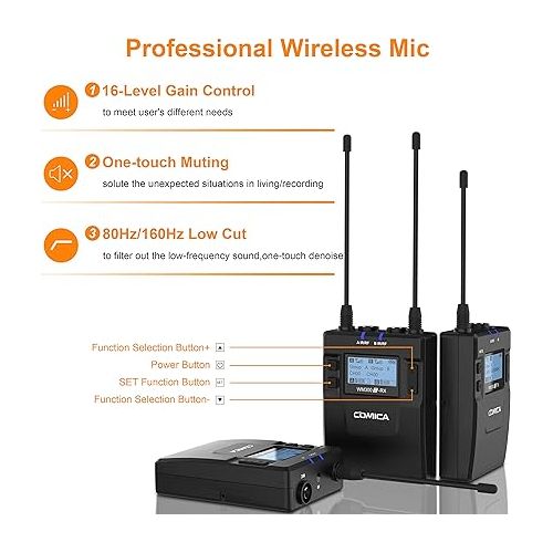  comica CVM-WM300A 96-Channel UHF Wireless Lavalier Microphone System Compatible with Cameras, Camcorders and Smartphones, Perfect for YouTube Podcast Vlog Video Recording and Interview(2TX+1RX)