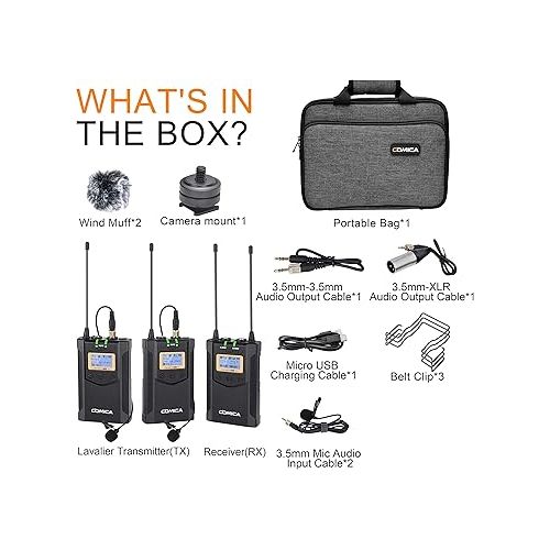  Wireless Lavalier Microphone, with Carrying Bag,Comica CVM-WM100 PLUS UHF 48 Channels Dual Lapel Microphone System for DSLR Cameras, XLR Camcorder, Phone, Lav Mic for Interview Youtube Video Shotting