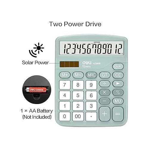  Calculator, Deli Standard Function Desktop Calculators with 12 Digit Large LCD Display and Sensitive Button, Solar Battery Dual Power Office Calculator, Green