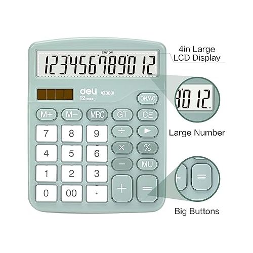  Calculator, Deli Standard Function Desktop Calculators with 12 Digit Large LCD Display and Sensitive Button, Solar Battery Dual Power Office Calculator, Green