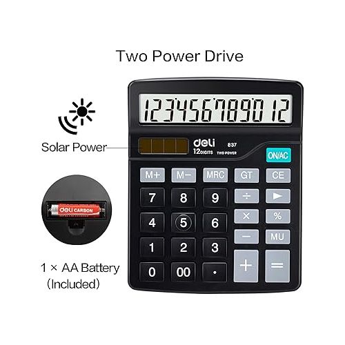  Calculator, Deli Standard Function Desktop Calculators with 12 Digit Large LCD Display and Sensitive Button, Solar Battery Dual Power Office Calculator, Black