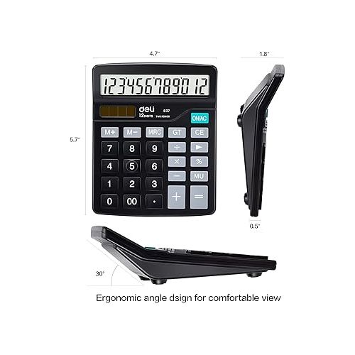  Calculator, Deli Standard Function Desktop Calculators with 12 Digit Large LCD Display and Sensitive Button, Solar Battery Dual Power Office Calculator, Black