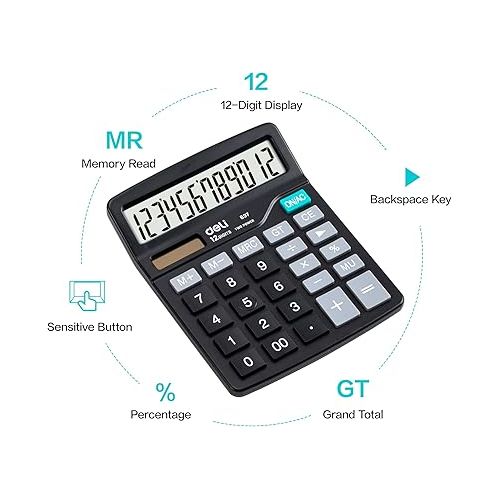  Calculator, Deli Standard Function Desktop Calculators with 12 Digit Large LCD Display and Sensitive Button, Solar Battery Dual Power Office Calculator, Black