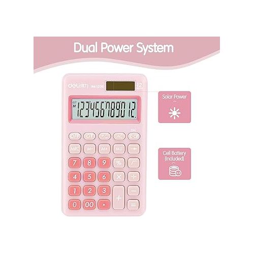  deli Standard Function Basic Calculator, 12 Digit Desktop Calculator with Large LCD Display, Solar Battery Dual Power Office Calculator, Pink