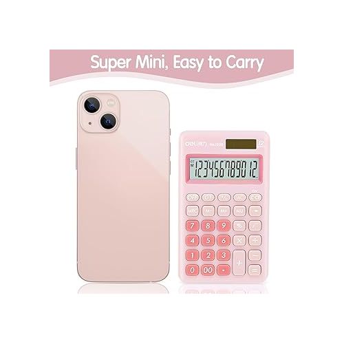  deli Standard Function Basic Calculator, 12 Digit Desktop Calculator with Large LCD Display, Solar Battery Dual Power Office Calculator, Pink