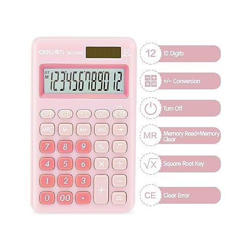  deli Standard Function Basic Calculator, 12 Digit Desktop Calculator with Large LCD Display, Solar Battery Dual Power Office Calculator, Pink