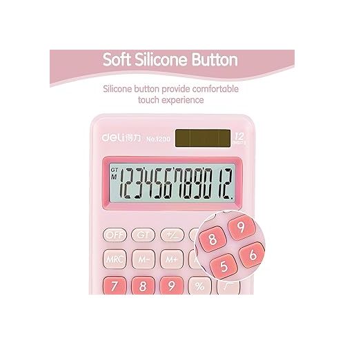  deli Standard Function Basic Calculator, 12 Digit Desktop Calculator with Large LCD Display, Solar Battery Dual Power Office Calculator, Pink