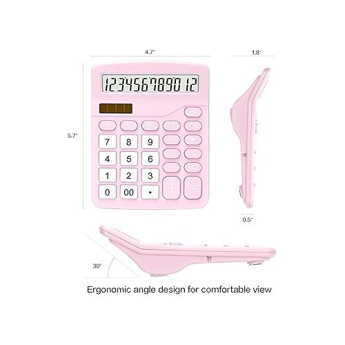  Calculator, Deli Standard Function Desktop Calculators with 12 Digit Large LCD Display and Sensitive Button, Solar Battery Dual Power Office Calculator, Pink