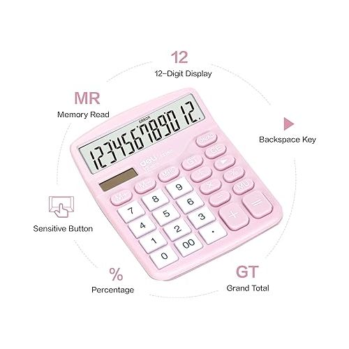  Calculator, Deli Standard Function Desktop Calculators with 12 Digit Large LCD Display and Sensitive Button, Solar Battery Dual Power Office Calculator, Pink