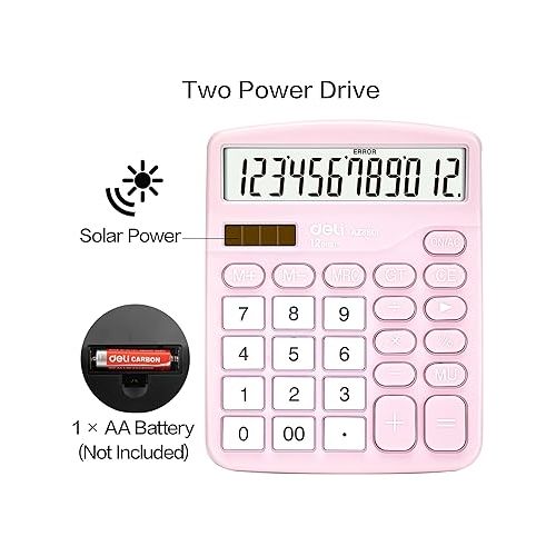  Calculator, Deli Standard Function Desktop Calculators with 12 Digit Large LCD Display and Sensitive Button, Solar Battery Dual Power Office Calculator, Pink