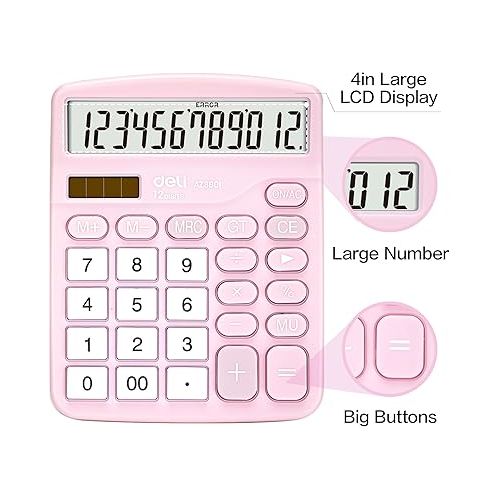  Calculator, Deli Standard Function Desktop Calculators with 12 Digit Large LCD Display and Sensitive Button, Solar Battery Dual Power Office Calculator, Pink