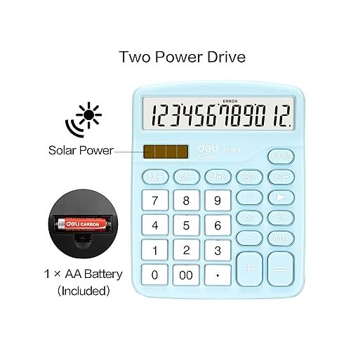  Calculator, Deli Standard Function Desktop Calculators with 12 Digit Large LCD Display and Sensitive Button, Solar Battery Dual Power Office Calculator, Blue