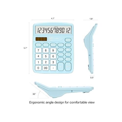  Calculator, Deli Standard Function Desktop Calculators with 12 Digit Large LCD Display and Sensitive Button, Solar Battery Dual Power Office Calculator, Blue