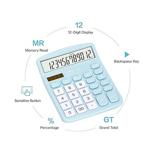  Calculator, Deli Standard Function Desktop Calculators with 12 Digit Large LCD Display and Sensitive Button, Solar Battery Dual Power Office Calculator, Blue