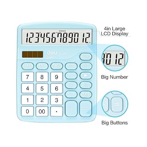  Calculator, Deli Standard Function Desktop Calculators with 12 Digit Large LCD Display and Sensitive Button, Solar Battery Dual Power Office Calculator, Blue