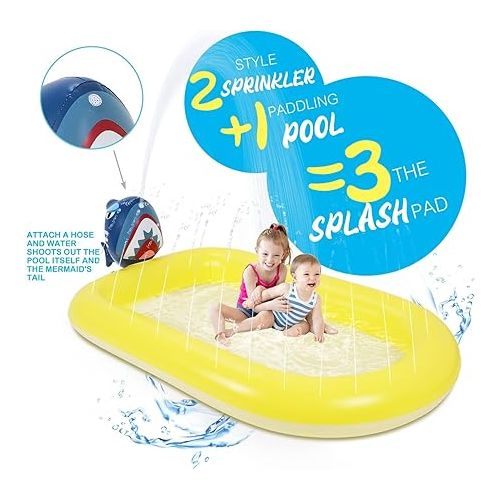  Splash Pad Kiddie Pool,65''x39'' Sprinkler for Kids,Inflatable Swimming Pool for Toddler Child,Outdoor Water Toys for Kids 3+ Years Old (Shark)