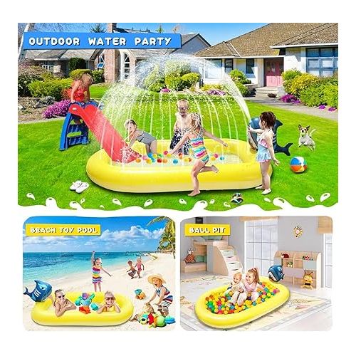  Splash Pad Kiddie Pool,65''x39'' Sprinkler for Kids,Inflatable Swimming Pool for Toddler Child,Outdoor Water Toys for Kids 3+ Years Old (Shark)