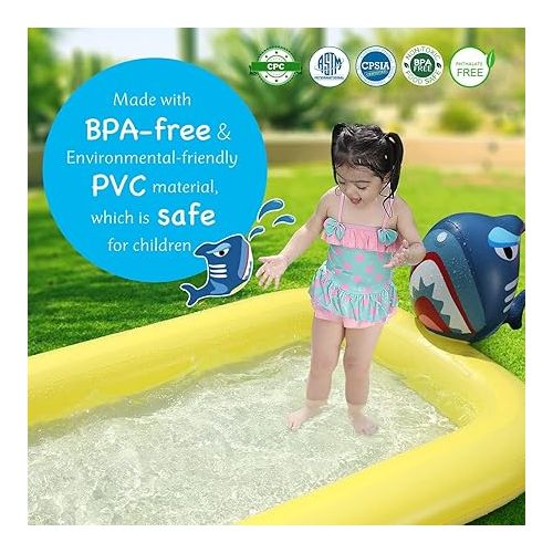  Splash Pad Kiddie Pool,65''x39'' Sprinkler for Kids,Inflatable Swimming Pool for Toddler Child,Outdoor Water Toys for Kids 3+ Years Old (Shark)