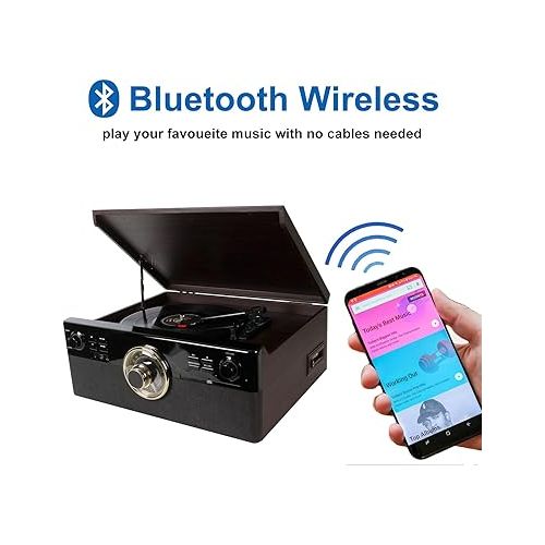  All-in-One Bluetooth Record Player for Vinyl with Speakers, CD, Cassette Tape, FM Radio, USB Playback and Recording, Vintage Turntable with 3-Speed, AUX in, LINE Out, Earphone Jack