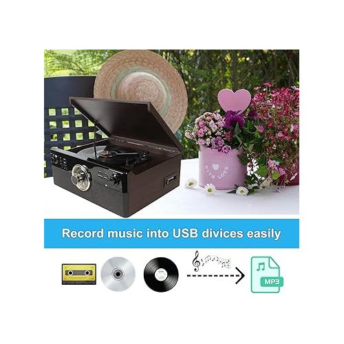  All-in-One Bluetooth Record Player for Vinyl with Speakers, CD, Cassette Tape, FM Radio, USB Playback and Recording, Vintage Turntable with 3-Speed, AUX in, LINE Out, Earphone Jack