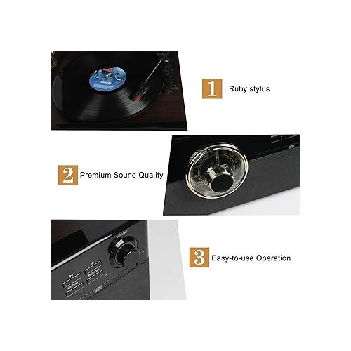  All-in-One Bluetooth Record Player for Vinyl with Speakers, CD, Cassette Tape, FM Radio, USB Playback and Recording, Vintage Turntable with 3-Speed, AUX in, LINE Out, Earphone Jack