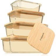 Glass Food Storage Containers With Bamboo Lids - Amber Glass Meal Prep Containers Set - 4 Airtight Stackable Food Storage Kitchen Containers - Eco-Friendly Oven Safe Nesting Lunch Containers