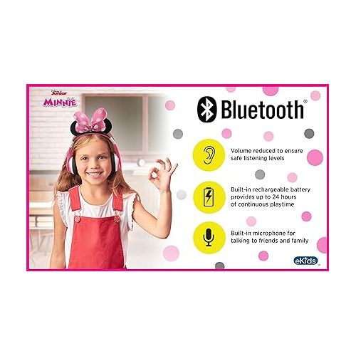  eKids Minnie Mouse Kids Bluetooth Headphones, Wireless with Microphone Includes Aux Cord, Volume Reduced Foldable Headphones for School, Home, or Travel, Pink