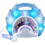 eKids Frozen Sing Along Boom Box Speaker with Microphone for Fans of Frozen Toys for Girls, Kids Karaoke Machine with Built in Music and Flashing Lights, Blue, 3.5mm Audio Jack