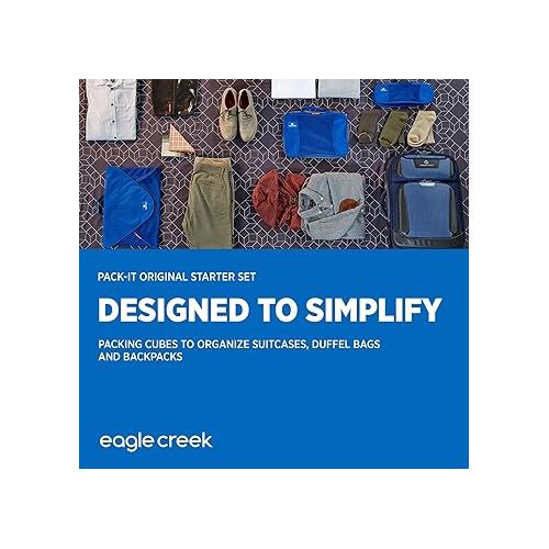  Eagle Creek Pack-It Original Starter Set of 3 Packing Cubes for Travel - Durable Travel Suitcase Organizer Bags Set with Folding Garment Bag, Blue Sea