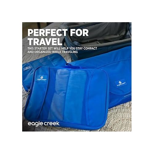  Eagle Creek Pack-It Original Starter Set of 3 Packing Cubes for Travel - Durable Travel Suitcase Organizer Bags Set with Folding Garment Bag, Blue Sea