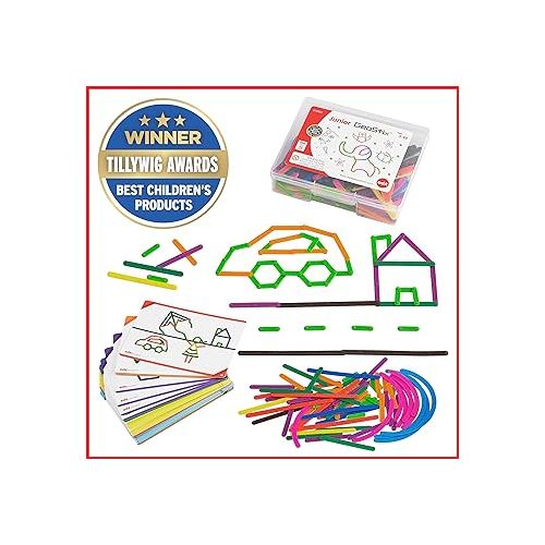  edxeducation Junior GeoStix - In Home Learning Toy for Early Math and Creativity - 200 Multicolored Construction Sticks - 30 Double-Sided Activity Cards - Geometric Manipulative