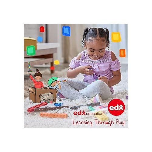  edxeducation Junior GeoStix - In Home Learning Toy for Early Math and Creativity - 200 Multicolored Construction Sticks - 30 Double-Sided Activity Cards - Geometric Manipulative