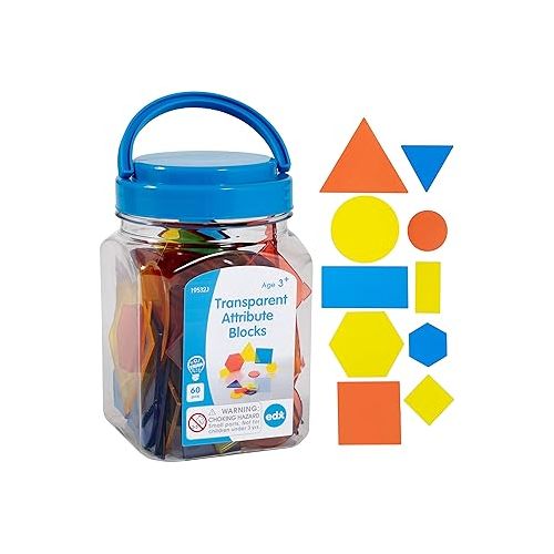  edxeducation Transparent Attribute Blocks - Mini Jar Set of 60 - Colorful, Plastic Shapes - Light Box Accessory - Sensory Play - Math Manipulative for Kids